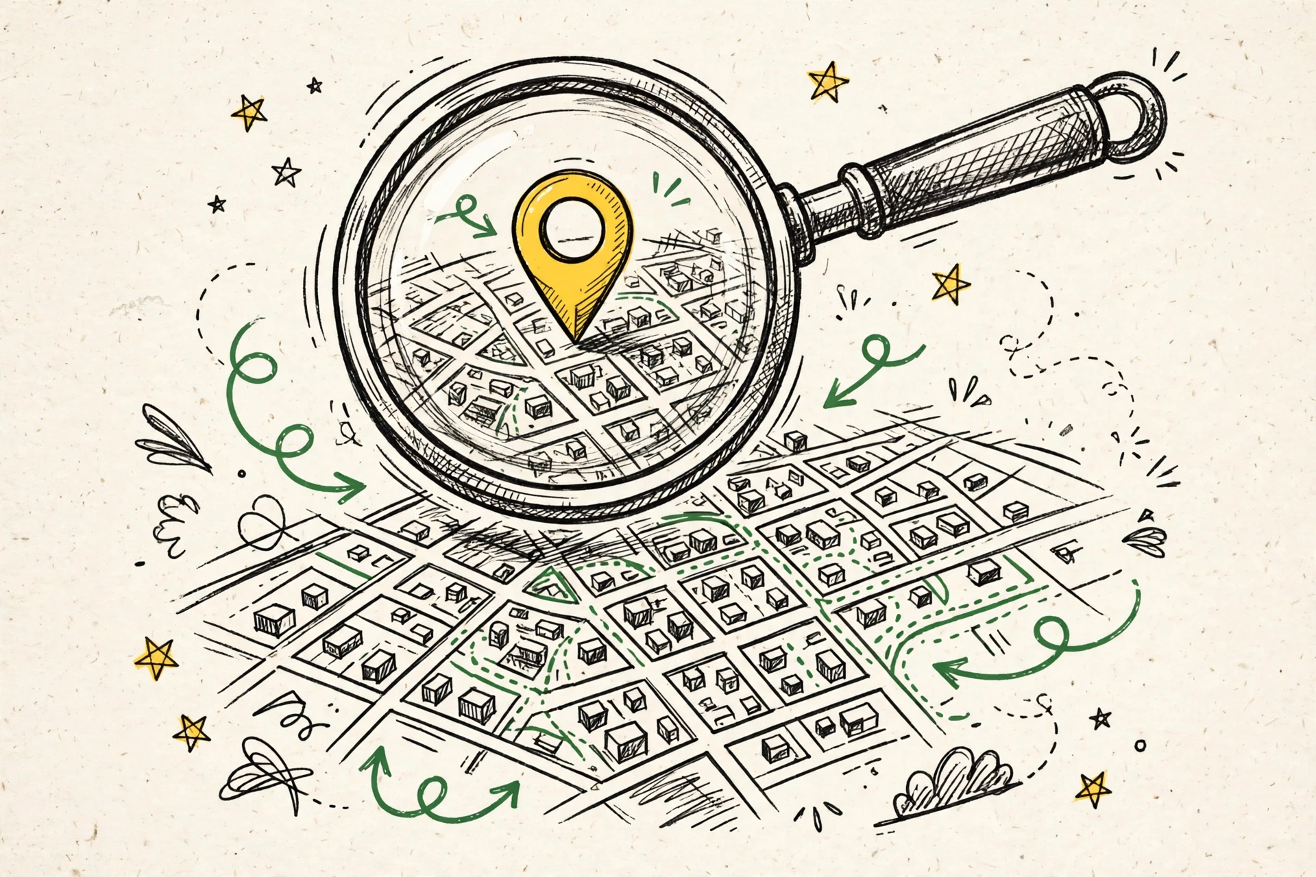 Hand-drawn illustration of SEO services in Ghaziabad — a magnifying glass finding a local business on the city map